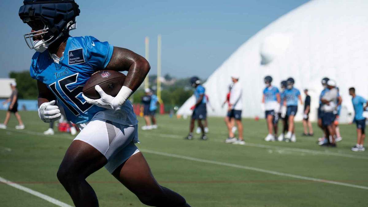 Tennessee Titans wide receiver Treylon Burks (16) runs after a catch during the Tennessee Titans first day of training camp at Ascension Saint Thomas Sports Park in Nashville, Tenn., Wednesday, July 23, 2025.