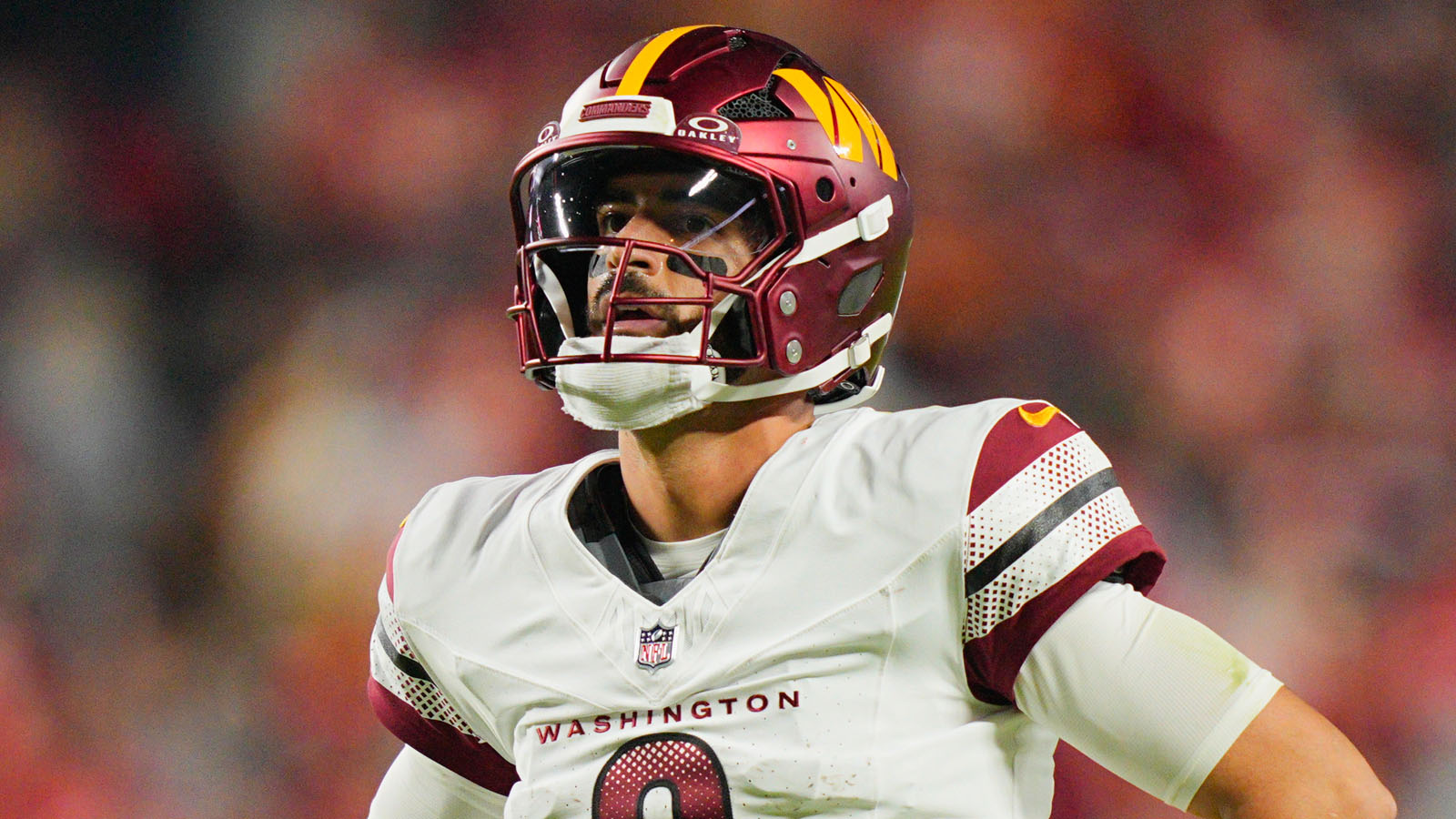 Washington Commanders quarterback Marcus Mariota (8) reacts during the second quarter of the game