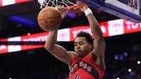 Toronto Raptors forward Scottie Barnes (4) dunks the ball against the Philadelphia 76ers during the fourth quarter at Xfinity Mobile Arena.