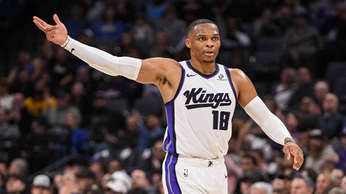 Sacramento Kings guard Russell Westbrook (18) celebrates after scoring against the Golden State Warriors during the second quarter at Golden 1 Center.