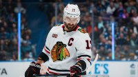 Chicago Blackhawks forward Nick Foligno (17) during a stop in play against the Vancouver Canucks in the second period at Rogers Arena.