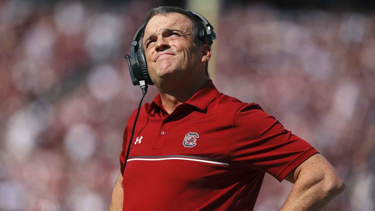 South Carolina Gamecocks head coach Shane Beamer looks up during the second quarter against the Texas A&M Aggies at Kyle Field.