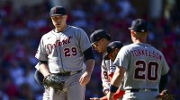 Detroit Tigers pitcher Tarik Skubal (29) is relieved in the eighth inning against the Cleveland Guardians during game one of the Wildcard round for the 2025 MLB playoffs at Progressive Field.