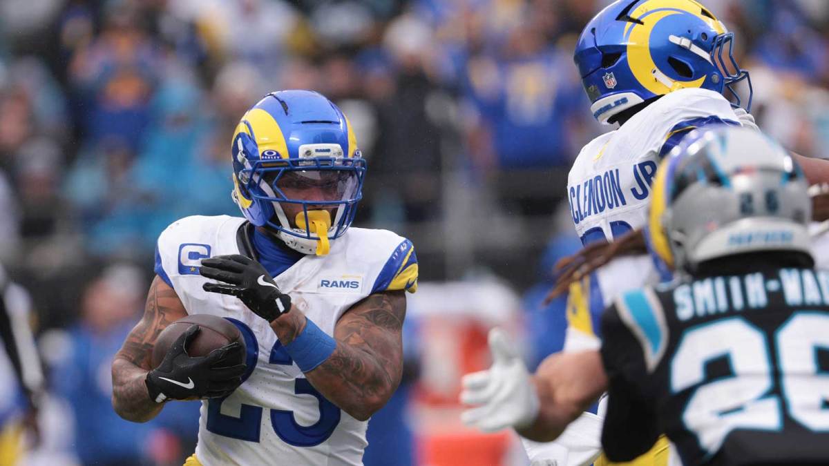 Los Angeles Rams running back Kyren Williams (23) rushes during the second quarter against the Carolina Panthers at Bank of America Stadium.