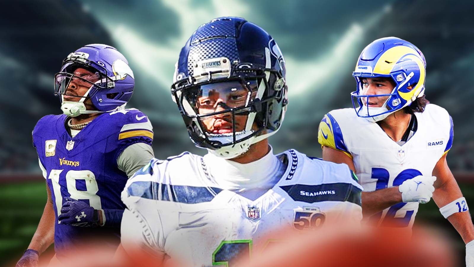 Jaxon Smith Njigba in the middle. On each side of him is Puka Nacua and Justin Jefferson