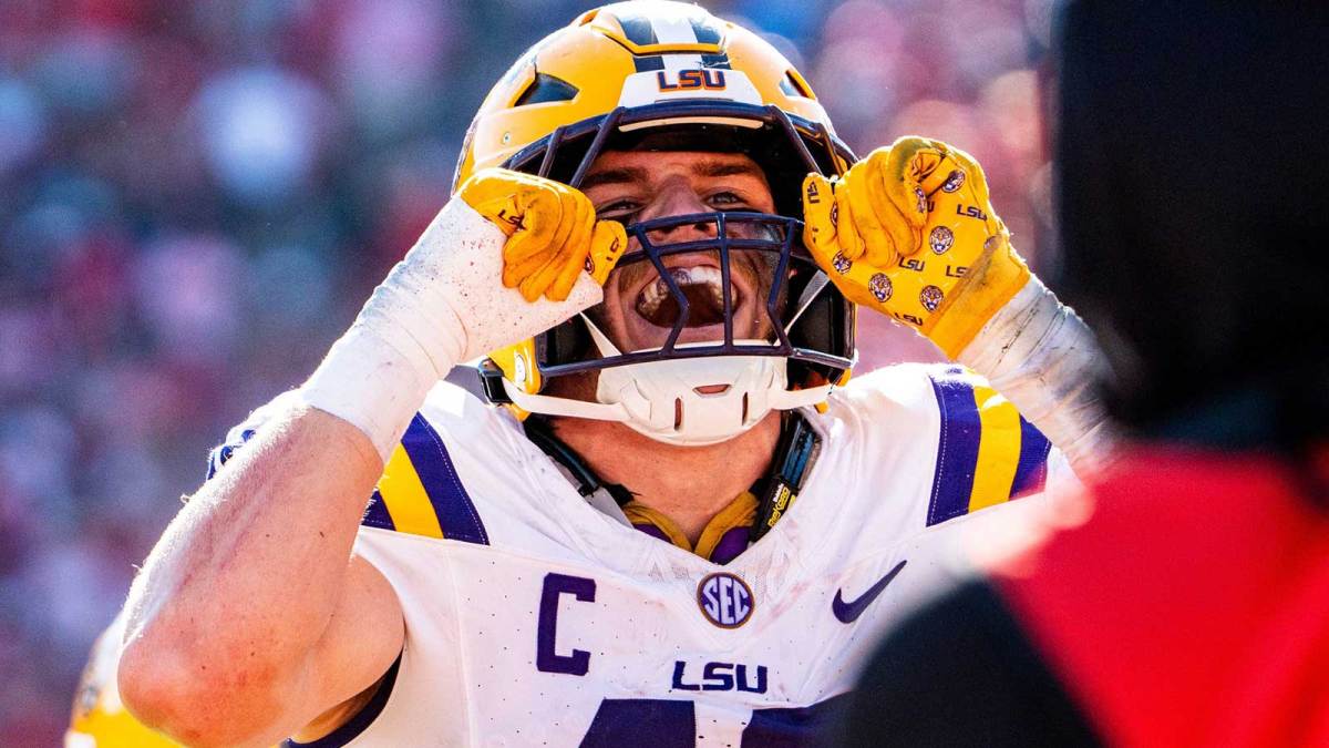 LSU linebacker Whit Weeks (40) gestures toward the crowd after a turnover during a college football game between Ole Miss and LSU at Vaught-Hemingway Stadium.