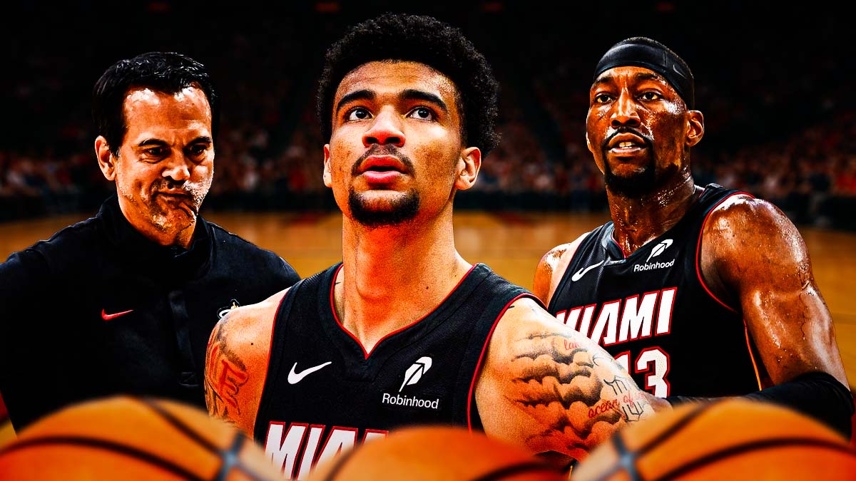 Miami Heat star Kel'el Ware in the center with Bam Adebayo and Erik Spoelstra on either side in front of Kaseya Center.