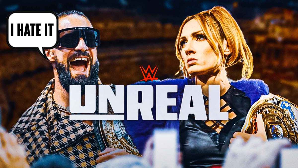 WWE stars Seth Rollins and Becky Lynch with the UnrReal on Netflix logo