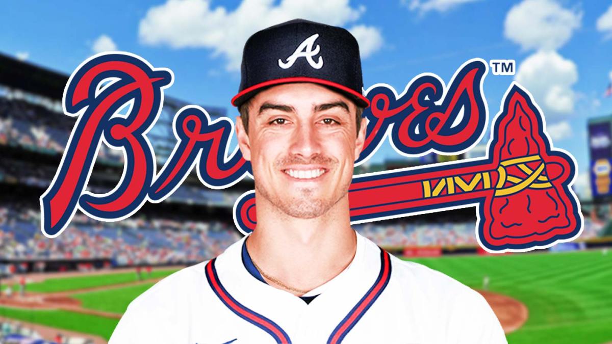 Joe Ryan in an Atlanta Braves jersey with the Braves 2025 logo in background.