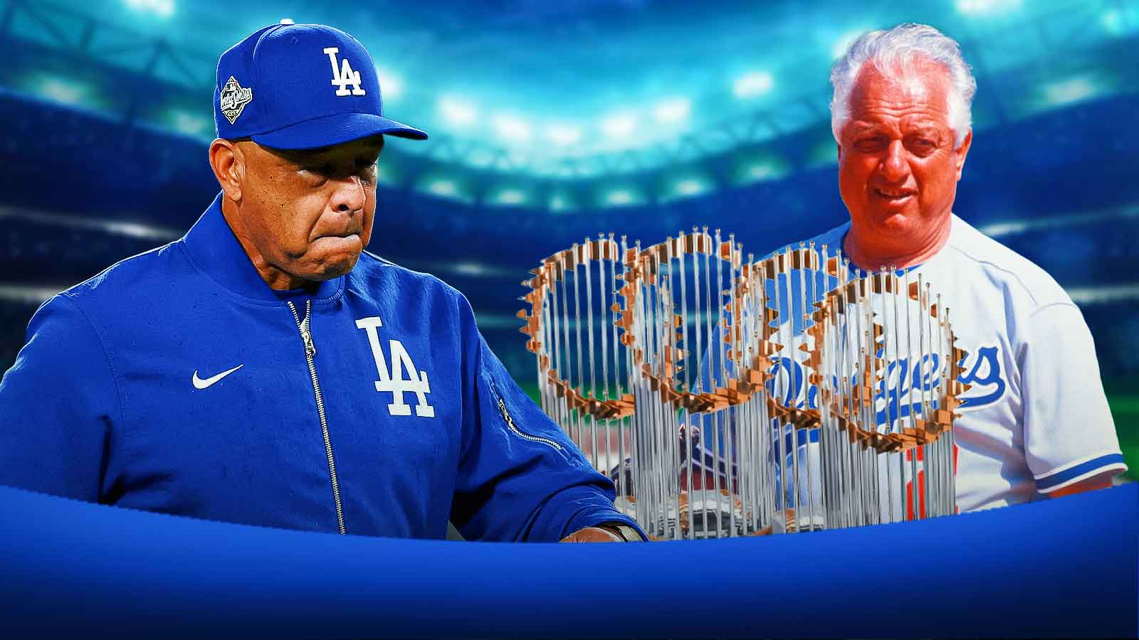 Graphic with Dodgers' Dave Roberts and Tommy Lasorda next to World Series trophies.