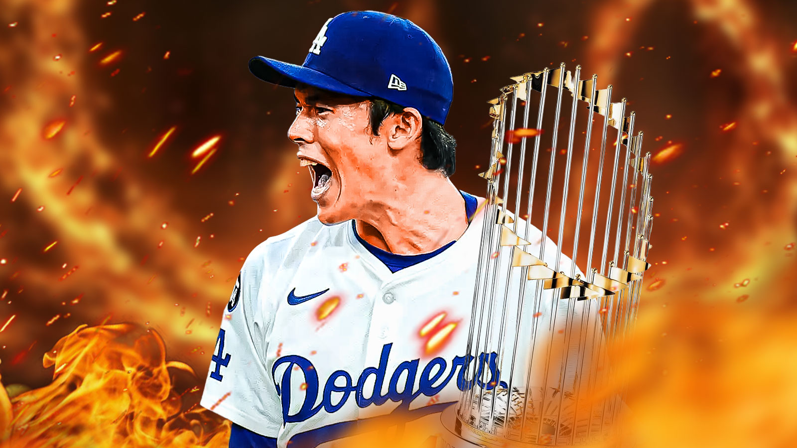 Dodgers pitcher Roki Sasaki surrounded by flames and a World Series trophy.