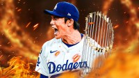 Dodgers pitcher Roki Sasaki surrounded by flames and a World Series trophy.