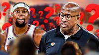Knicks Guerschon Yabusele and Knicks Mike Brown with a question mark between them and Madison Square Garden behind them