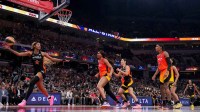 Chicago Sky's Angel Reese (5) reaches to save a ball from going out of bounds Saturday, July 19, 2025, during the WNBA All-Star Game at Gainbridge Fieldhouse in Indianapolis. Mandatory Credit: © Grace Smith/IndyStar / USA TODAY NETWORK via Imagn Images
