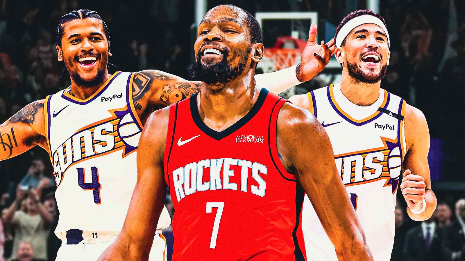 Kevin Durant smiling in a Houston Rockets jersey, and Devin Booker, Jalen Green, and Dillon Brooks all smiling in Phoenix Suns jerseys. There's a background of the Suns home arena as well.