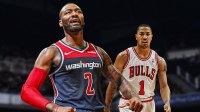 John Wall (Wizards) next to Derrick Rose (Bulls)