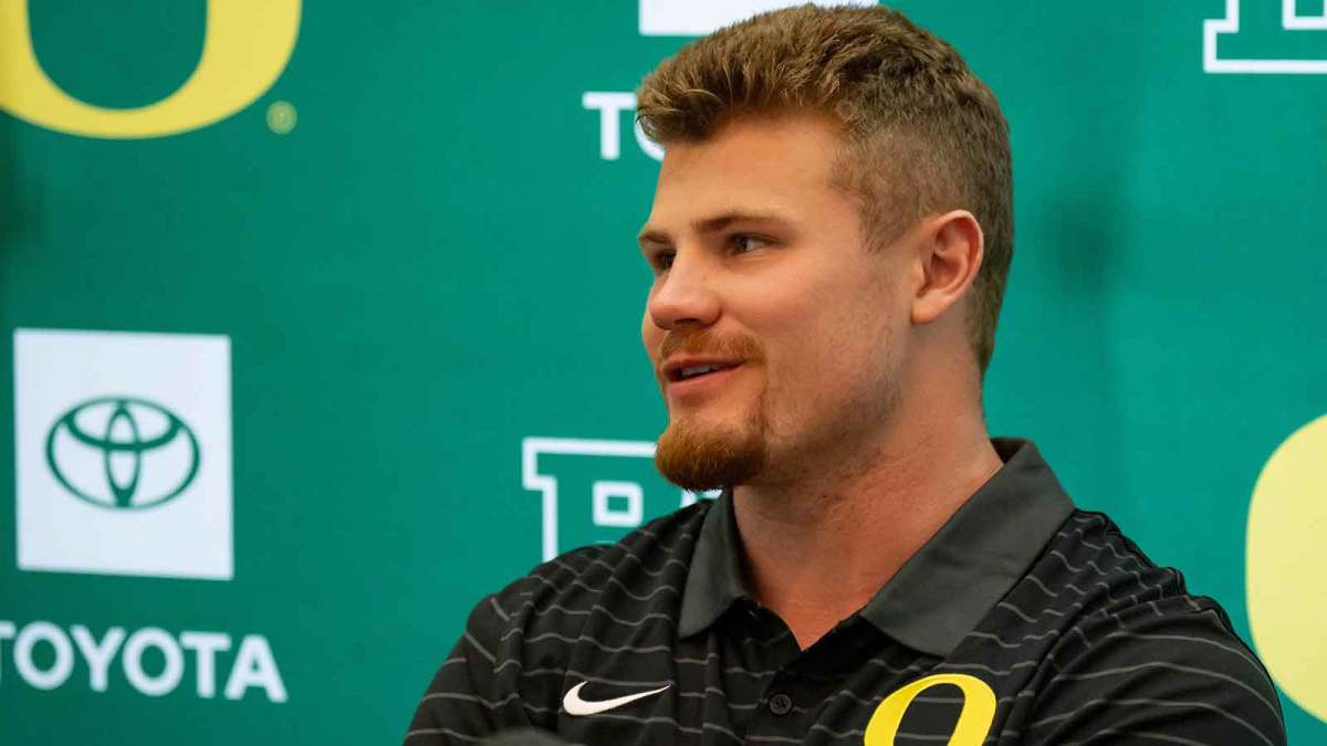 Oregon inside linebacker Bryce Boettcher speaks during Oregon football’s Media Day on July 28, 2025, at Autzen Stadium in Eugene.
