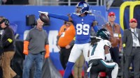 New York Giants wide receiver Lil'Jordan Humphrey (89) celebrates after making a reception defended by Philadelphia Eagles cornerback Kelee Ringo (7) during the first quarter of the game at MetLife Stadium.