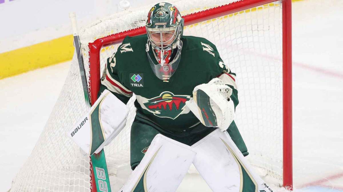 Minnesota Wild goaltender Filip Gustavsson (32) defends his net against the Vegas Golden Knights during the first period at Grand Casino Arena.