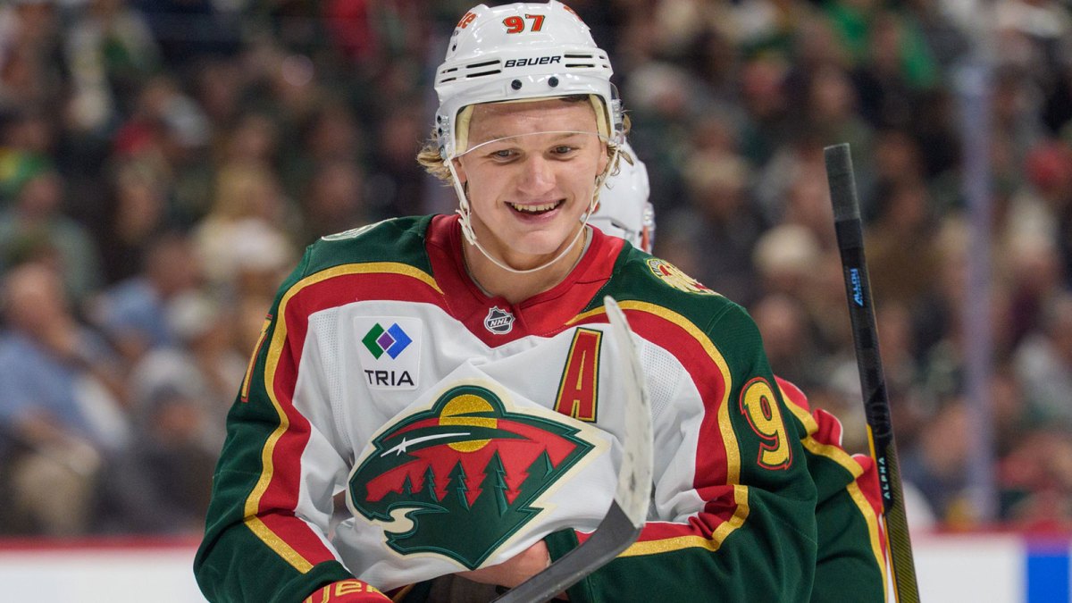 Minnesota Wild left wing Kirill Kaprizov (97) smiles after scoring against the Nashville Predators in the first period at Grand Casino Arena.