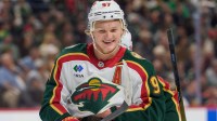 Minnesota Wild left wing Kirill Kaprizov (97) smiles after scoring against the Nashville Predators in the first period at Grand Casino Arena.