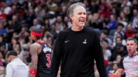 Brian Keefe of the Washington Wizards looks on from the bench against the Toronto Raptors during the second half at Scotiabank Arena.