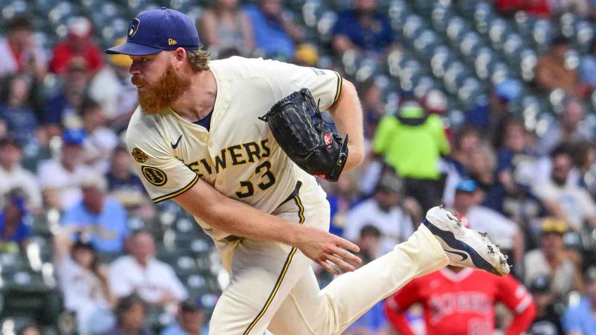Milwaukee Brewers starting pitcher Brandon Woodruff (53) throws against the Los Angeles Angels in the first inning at American Family Field.