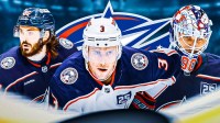 Kirill Marchenko, charlie Coyle and Elvis Merzlikins with the Blue Jackets logo in the background.