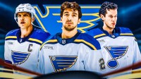 Brayden Schenn, Jordan Binnington, and Jordan Kyrou with the Blues logo in the background.