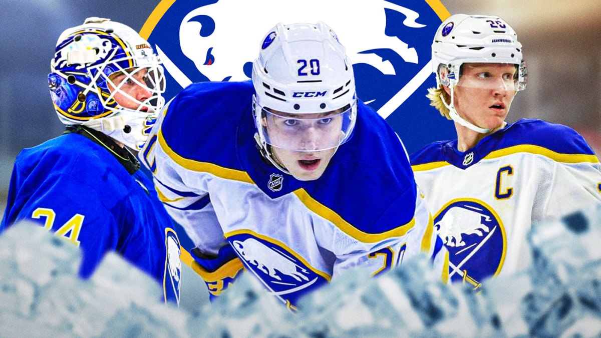 Jiri Kulich, Rasmus Dahlin, and Alex Lyon, Sabres logo in the background.