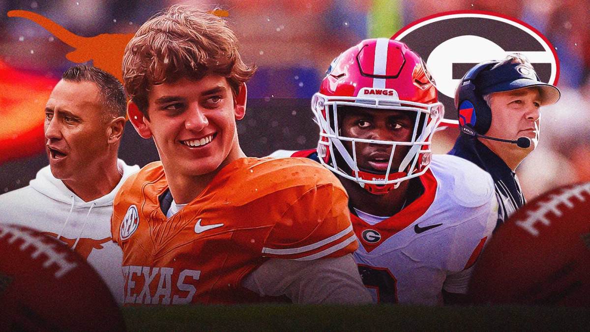 Steve Sarkisian, Arch Manning and Texas logo on one side Kirby Smart, Georgia LB CJ Allen and a Georgia logo on the other side Sanford Stadium in the background