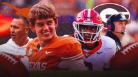 Steve Sarkisian, Arch Manning and Texas logo on one side Kirby Smart, Georgia LB CJ Allen and a Georgia logo on the other side Sanford Stadium in the background