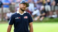 Team USA golfer Xander Schauffele reacts to a putt on the eighth hole on the penultimate day of competition for the Ryder Cup at Bethpage Black