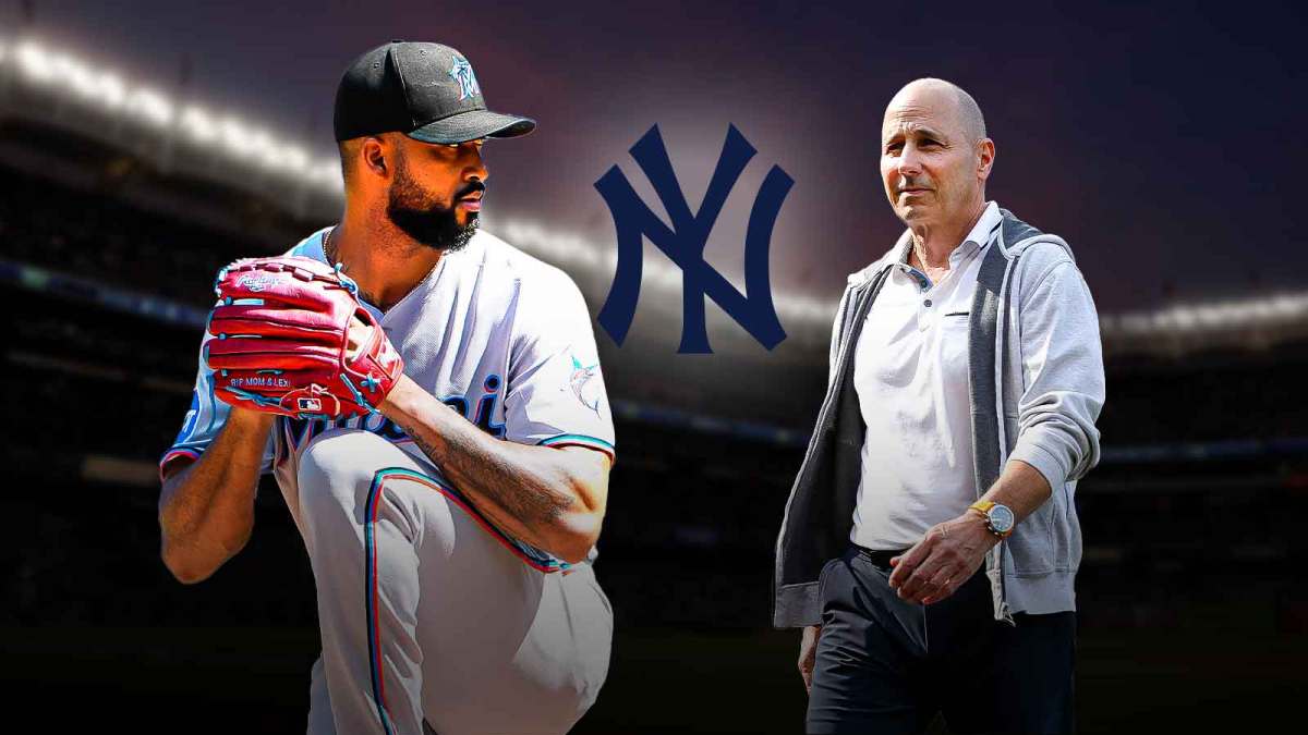IMAGE: Miami Marlins starting pitcher Sandy Alcantara pitching on the right side, New York Yankees logo in the center, New York Yankees general manager Brian Cashman talking/ on the phone on the left side, Yankee Stadium (home field of the New York Yankees) in the background