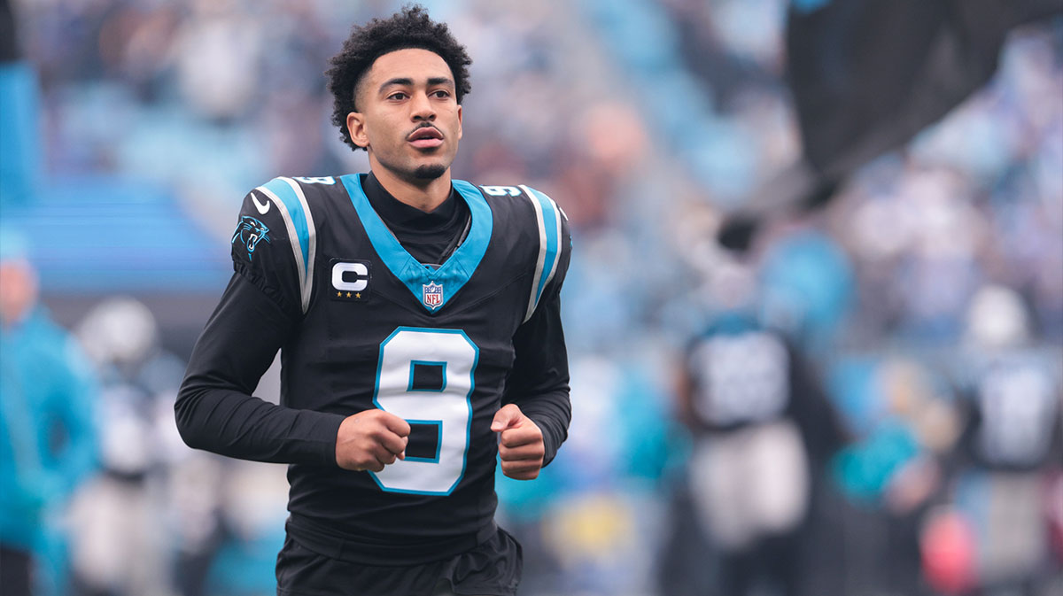 Carolina Panthers quarterback Bryce Young (9) takes the field before the game against the Los Angeles Rams at Bank of America Stadium.