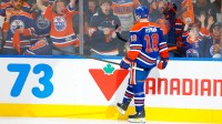 Edmonton Oilers left wing Zach Hyman (18) celebrates after he scores a goal against the Dallas Stars during the third period in game three of the Western Conference Final of the 2025 Stanley Cup Playoffs at Rogers Place.