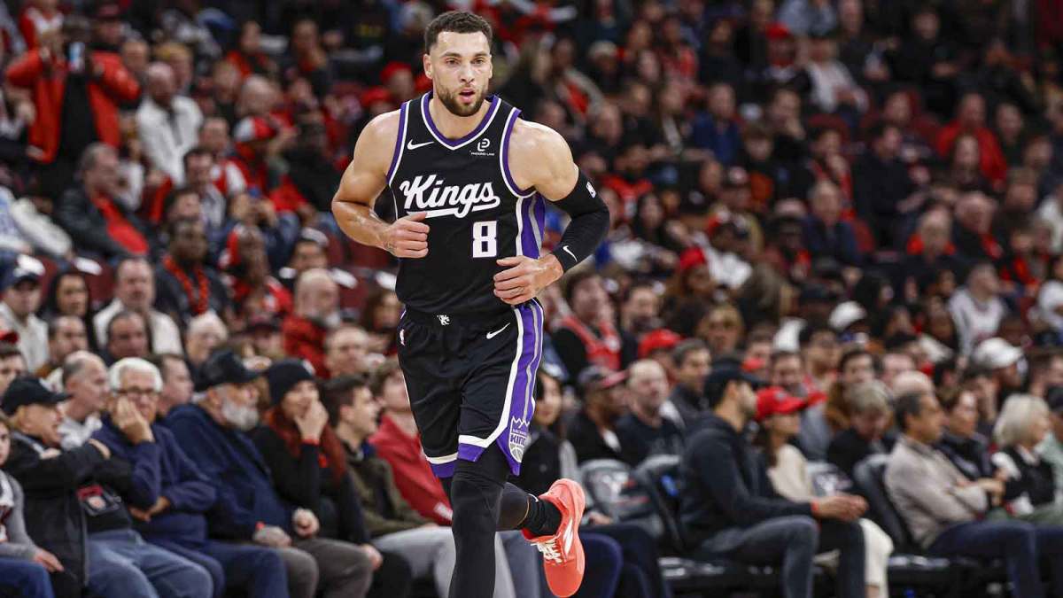 Sacramento Kings guard Zach LaVine (8) reacts during the first half of an NBA game against the Chicago Bulls at United Center.