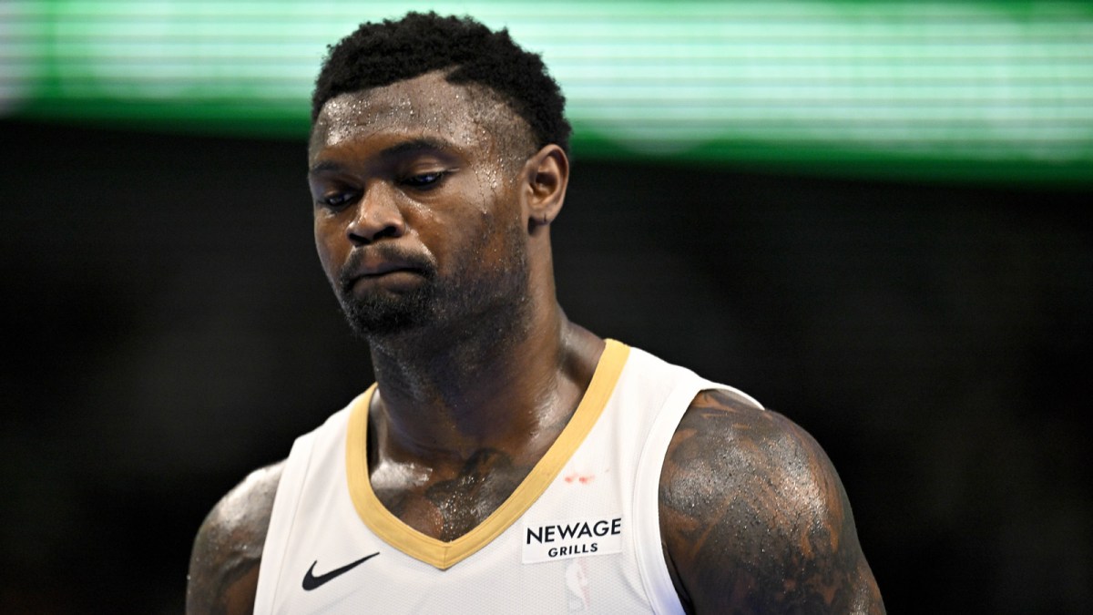 New Orleans Pelicans forward Zion Williamson (1) looks on during the second half against the Dallas Mavericks at the American Airlines Center.