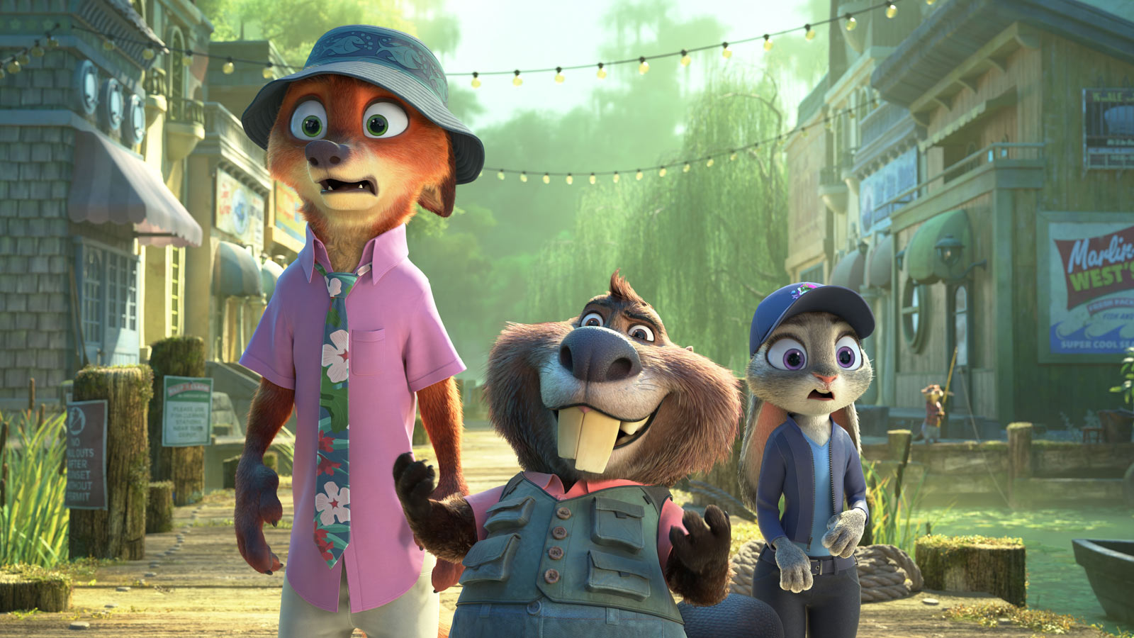 Nick Wilde (Jason Bateman), Nibbles Maplestick (Fortune Feimster), and Judy Hopps (Gennifer Goodwin) in Zootopia 2.