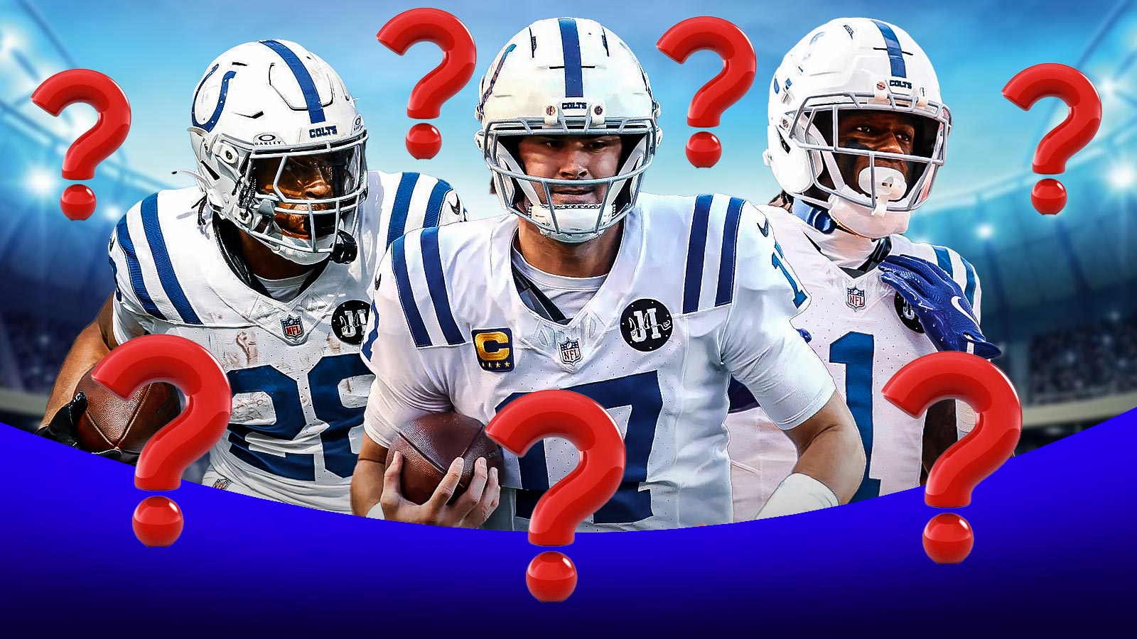 Indianapolis Colts QB Daniel Jones with RB Jonathan Taylor and CB Sauce Gardner. They are surrounded by question mark emojis.