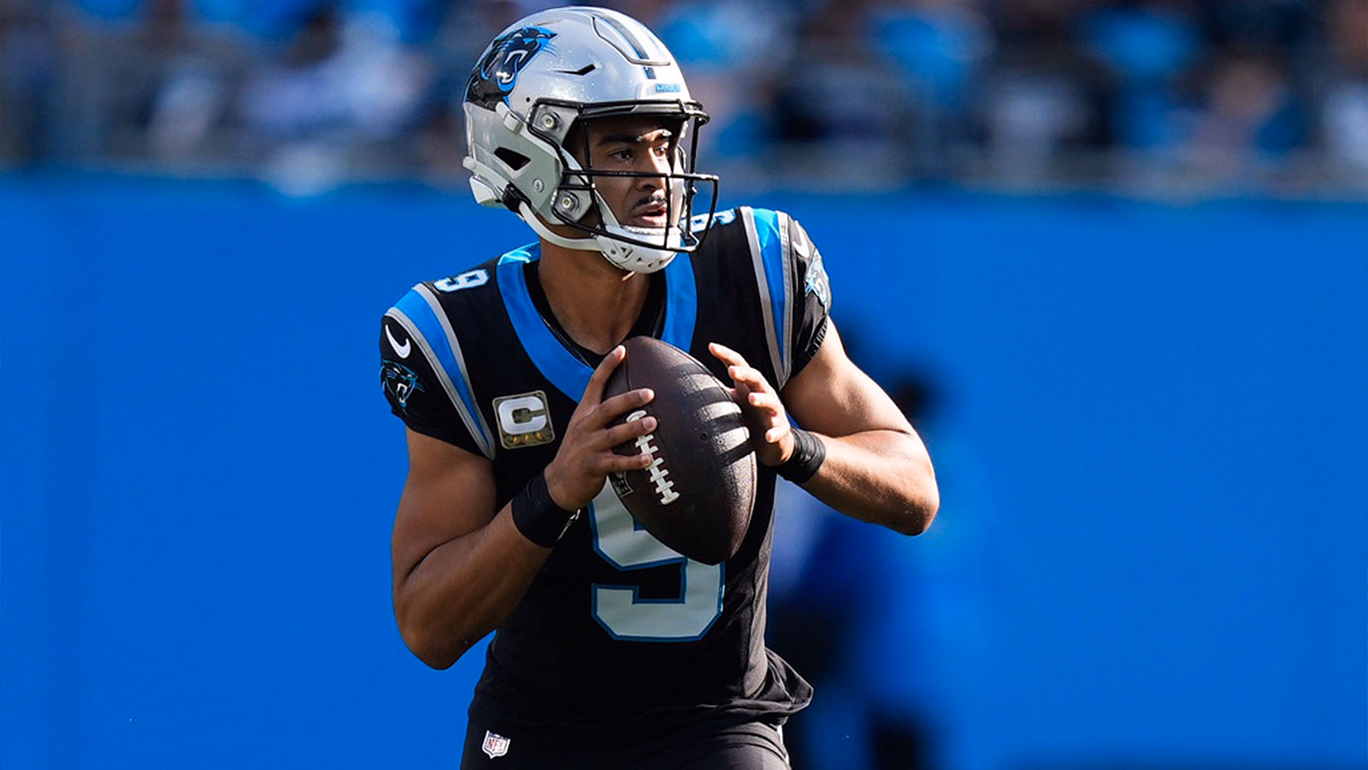 Carolina Panthers quarterback Bryce Young (9) looks to pass during the third quarter against the New Orleans Saints at Bank of America Stadium.
