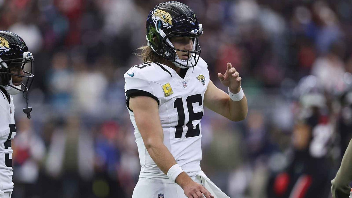 Jacksonville Jaguars quarterback Trevor Lawrence (16) reacts after a play during the fourth quarter against the Houston Texans at NRG Stadium.