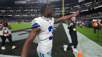 Dallas Cowboys wide receiver George Pickens (3) reacts towards the stands as he leaves the field following a game against the Las Vegas Raiders at Allegiant Stadium.