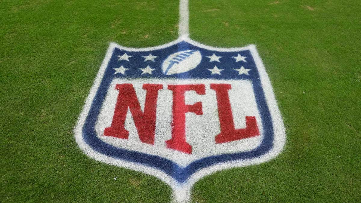 Nov 23, 2025; Paradise, Nevada, USA; The NFL shield logo on the field at Allegiant Stadium. Mandatory Credit: Kirby Lee-Imagn Images