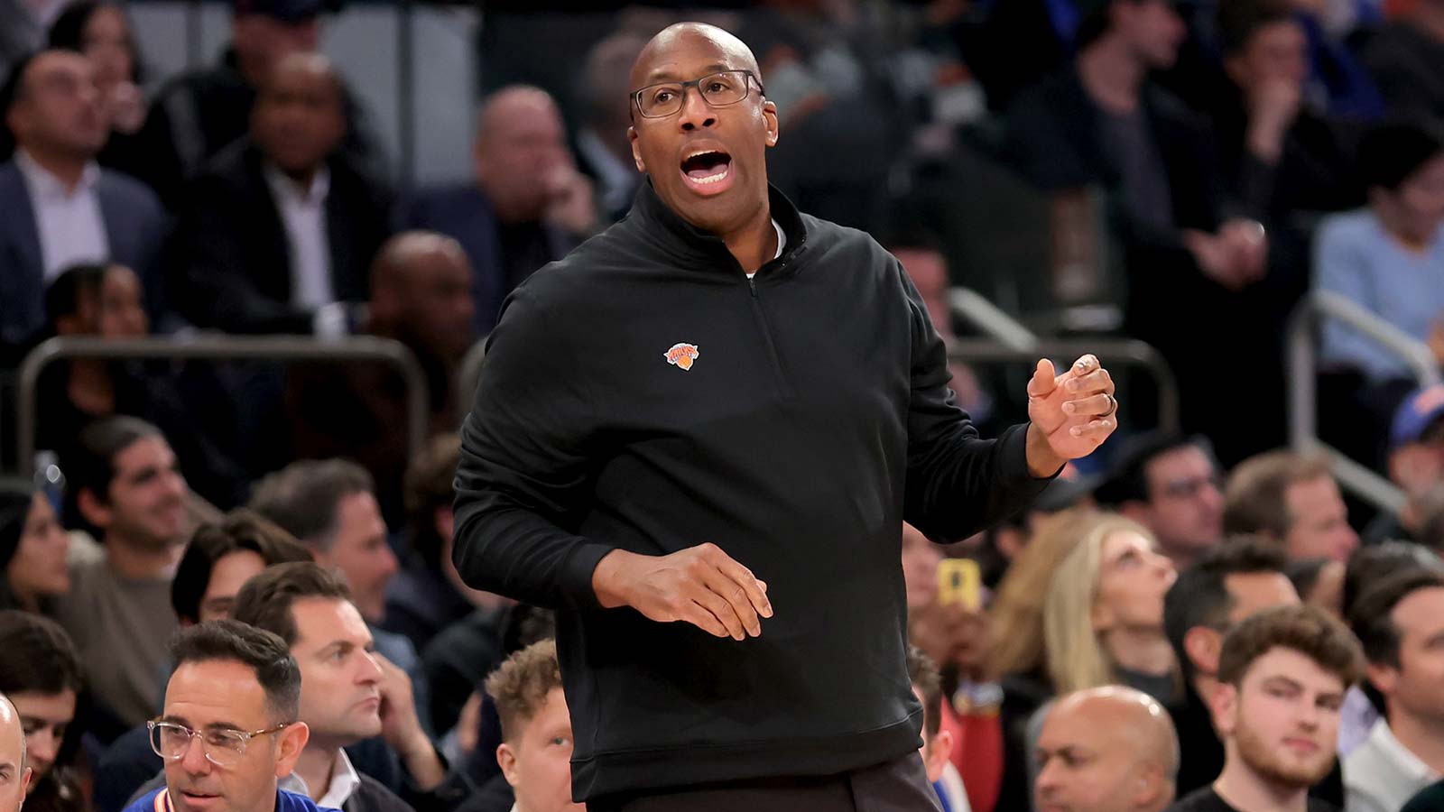 Nov 5, 2025; New York, New York, USA; New York Knicks head coach Mike Brown coaches against the Minnesota Timberwolves during the first quarter at Madison Square Garden. Mandatory Credit: Brad Penner-Imagn Images