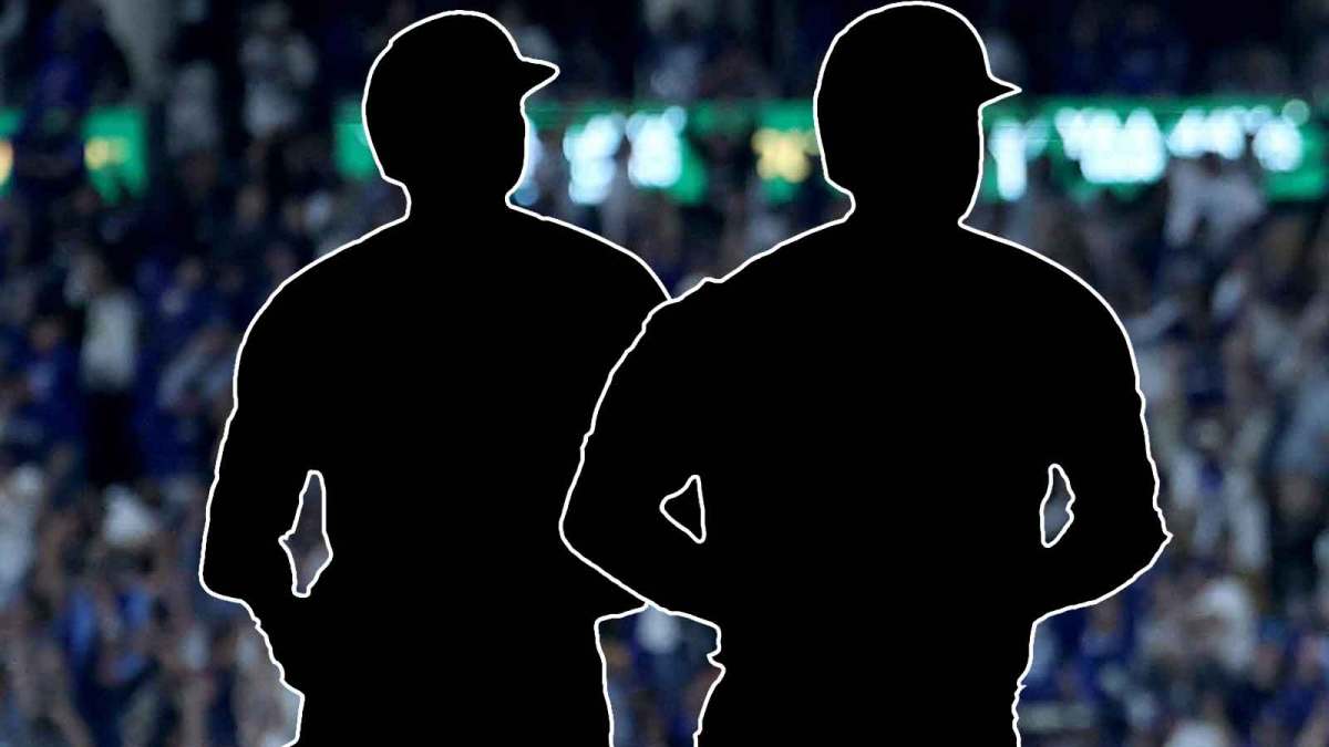 Blacked-out silhouette of Munetaka Murakami and the blacked-out silhouette Harrison Bader in front of Dodger Stadium.