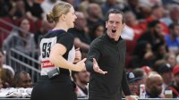 Cleveland Cavaliers head coach Kenny Atkinson reacts towards an official during the second quarter against the Houston Rockets at Toyota Center.