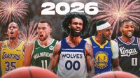 2026 NYE celebration with Isaac Okoro (Lakers), Zach LaVine (Bucks), Coby White (Timberwolves), Myles Turner (Warriors), and Jonathan Kuminga (Kings) jersey swaps