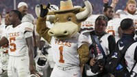 Texas Longhorns mascot Bevo gestures after the game against the Georgia Bulldogs at Sanford Stadium.