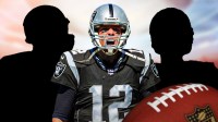 Tom Brady number 12 photoshopped in Raiders jersey. Silhouettes of Andrew Luck and Matt Ryan